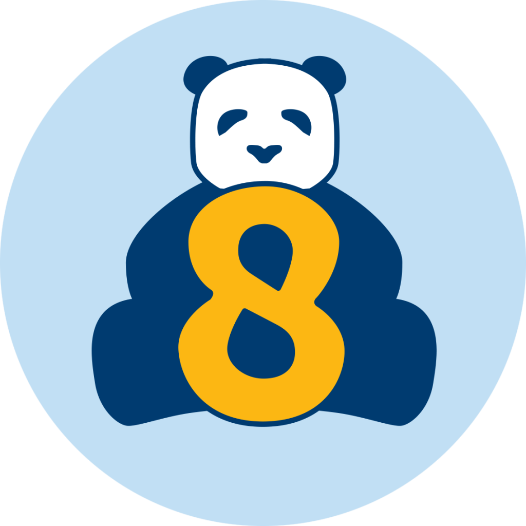 A panda sitting behind an 8.